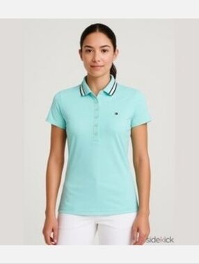 Women's Mint Short-Sleeve Polo with Striped Collar